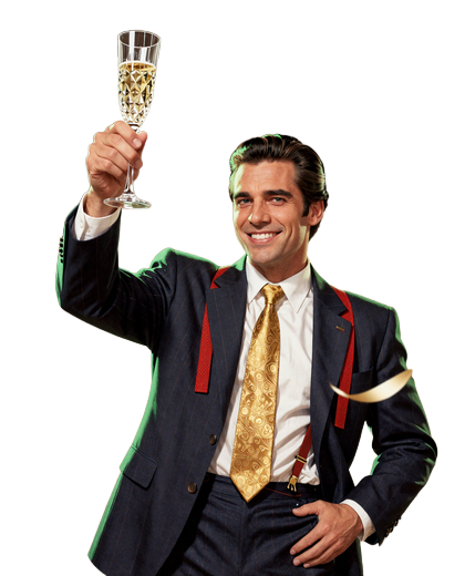 Billionaire Broker Maskottchen st&ouml;&szlig;t mit Champagnerglas auf neue Gewinne an