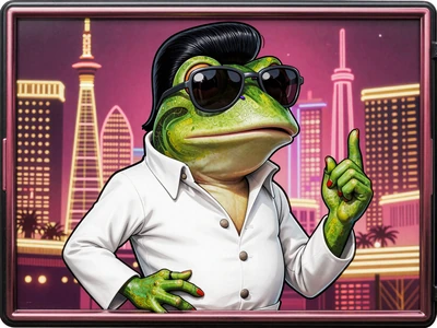 Elvis Frog in Vegas Slot Thumbnail mit Frosch im Elvis Anzug vor Vegas Skyline