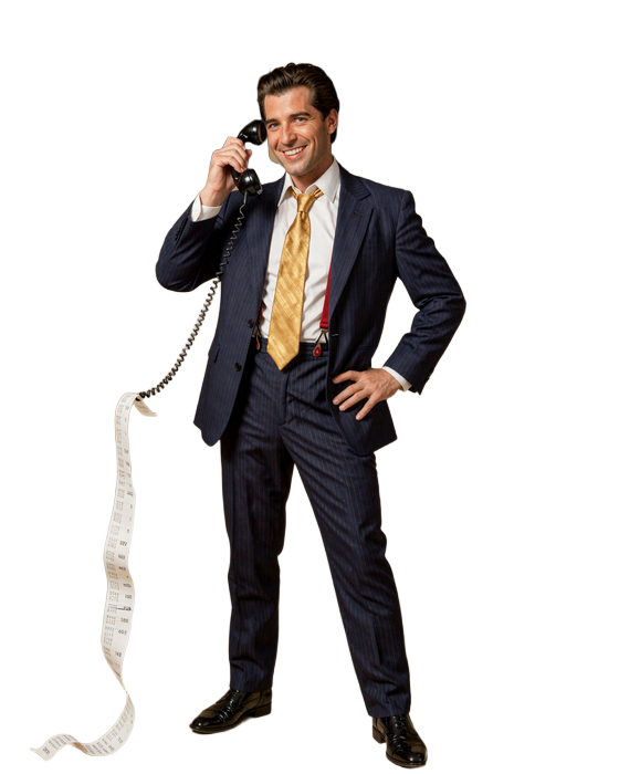 Billionaire Broker Maskottchen mit Telefonh&ouml;rer und B&ouml;rsenticker im Retro Wall Street Stil